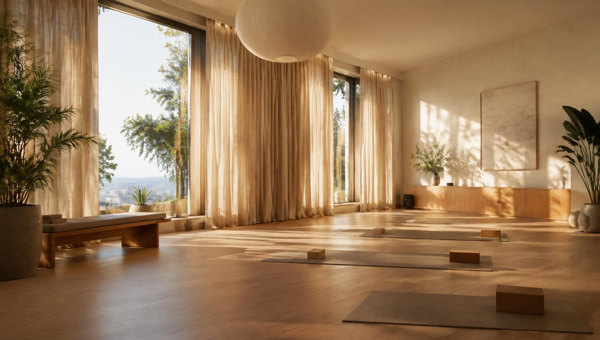 Interior do LabRegenera: sala ampla iluminada pelo sol da manhã, piso de madeira clara, cortinas de linho e plantas