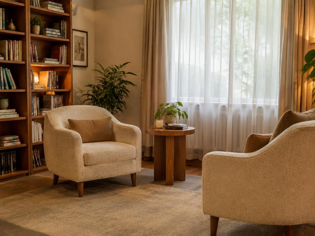 Sala de terapia do LabRegenera: poltronas confortáveis frente a frente, estante de livros e luz quente